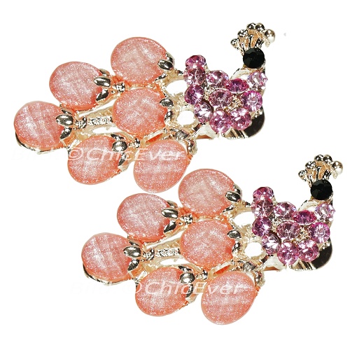 2x Haarspangen Pfau Metall Strass rot rosa gold 5204e - zum Schließen ins Bild klicken